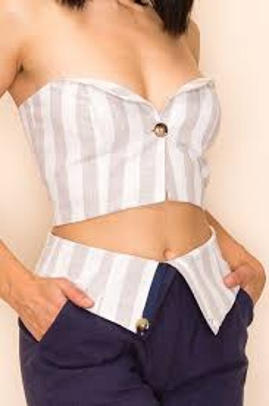 AZURA Linen Blend Stripe Strapless Crop Top Size Medium M SEXY MENSWEAR Smocked